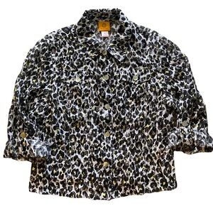 RUBY RD Black & White Animal Print Semi- Sheer Roll Tab Sleeve Jacket sz 14